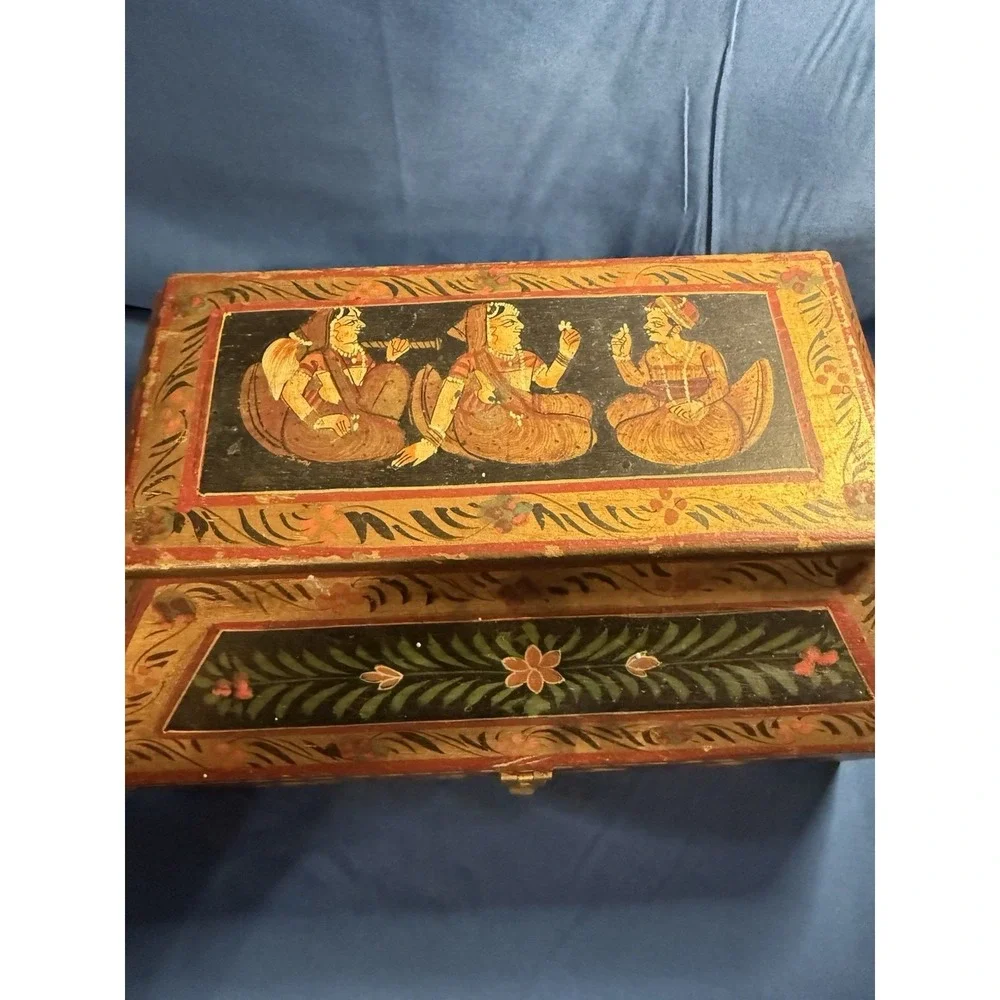 Vintage Anglo Raj Hand Painted Wooden Jewelry Box Indian Rajasthani Folk Art